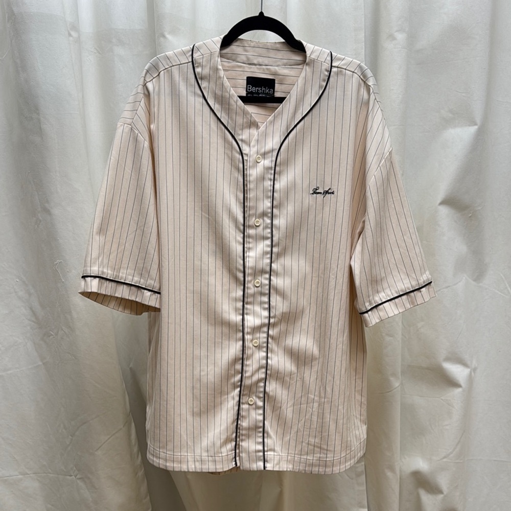 Bershka Men's Cream Oversized Baseball Striped Shirt